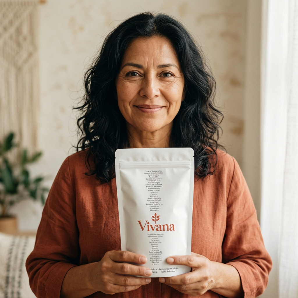 Latina woman close-up holding Vivana pouch at chest level