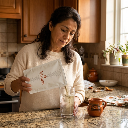 Latina woman pouring Vivana powder into glass of water in warm kitchen