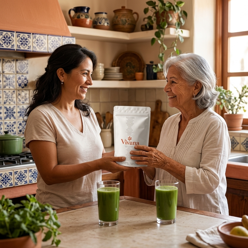 Latina woman handing Vivana pouch to her mother in bicultural kitchen