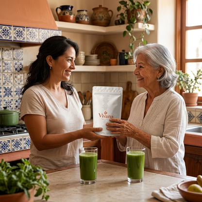 Latina woman handing Vivana pouch to her mother in bicultural kitchen