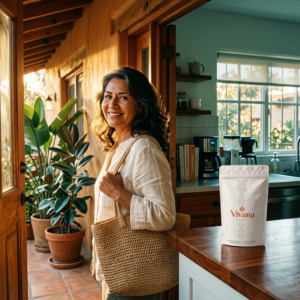 Latina woman stepping out of her home with confidence in morning sunlight